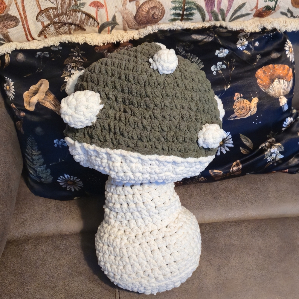 18 Inch Handmade Green and White Mushroom Pillow Death Cap Amanita Phalloides